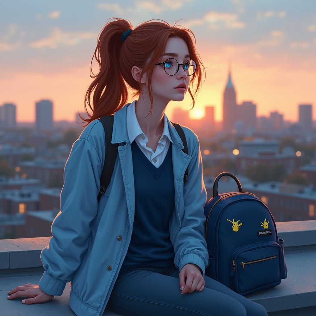 Ethereal Boston Rooftop Scene with Young Woman in Dreamy Atm...