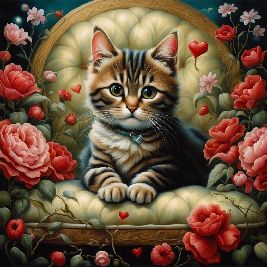 Cute Cat Surrounded by Flowers in Surrealist Style