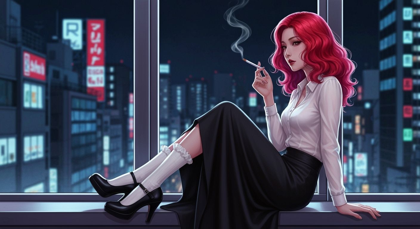 Japanese Woman Smoking in Tokyo Night, in Neon Noir Style