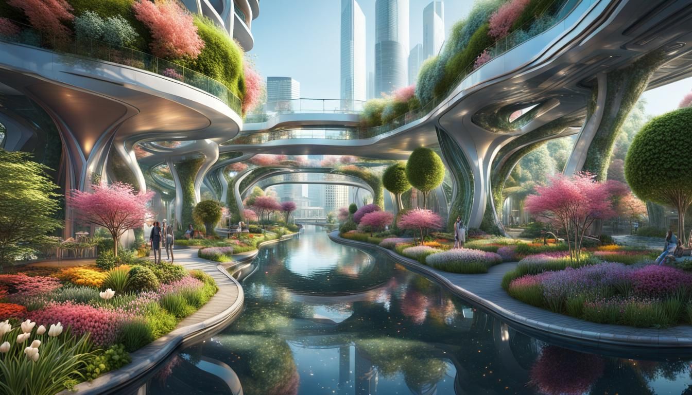Biophilic Futuristic Cityscape with Suspended Gardens