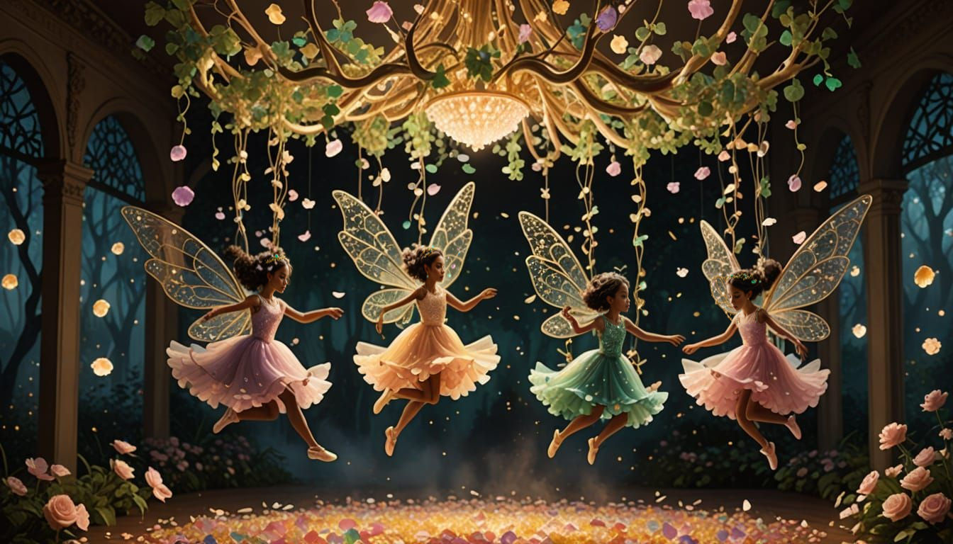 Enchanted Floating Chandelier with Fairies in Twilight