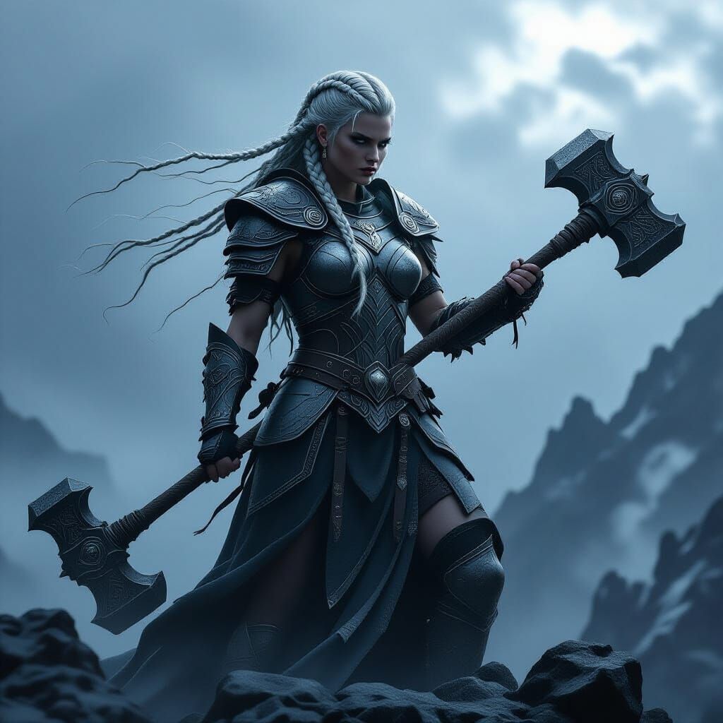 Battle Goddess on Windswept Peak in Norse Horror Style