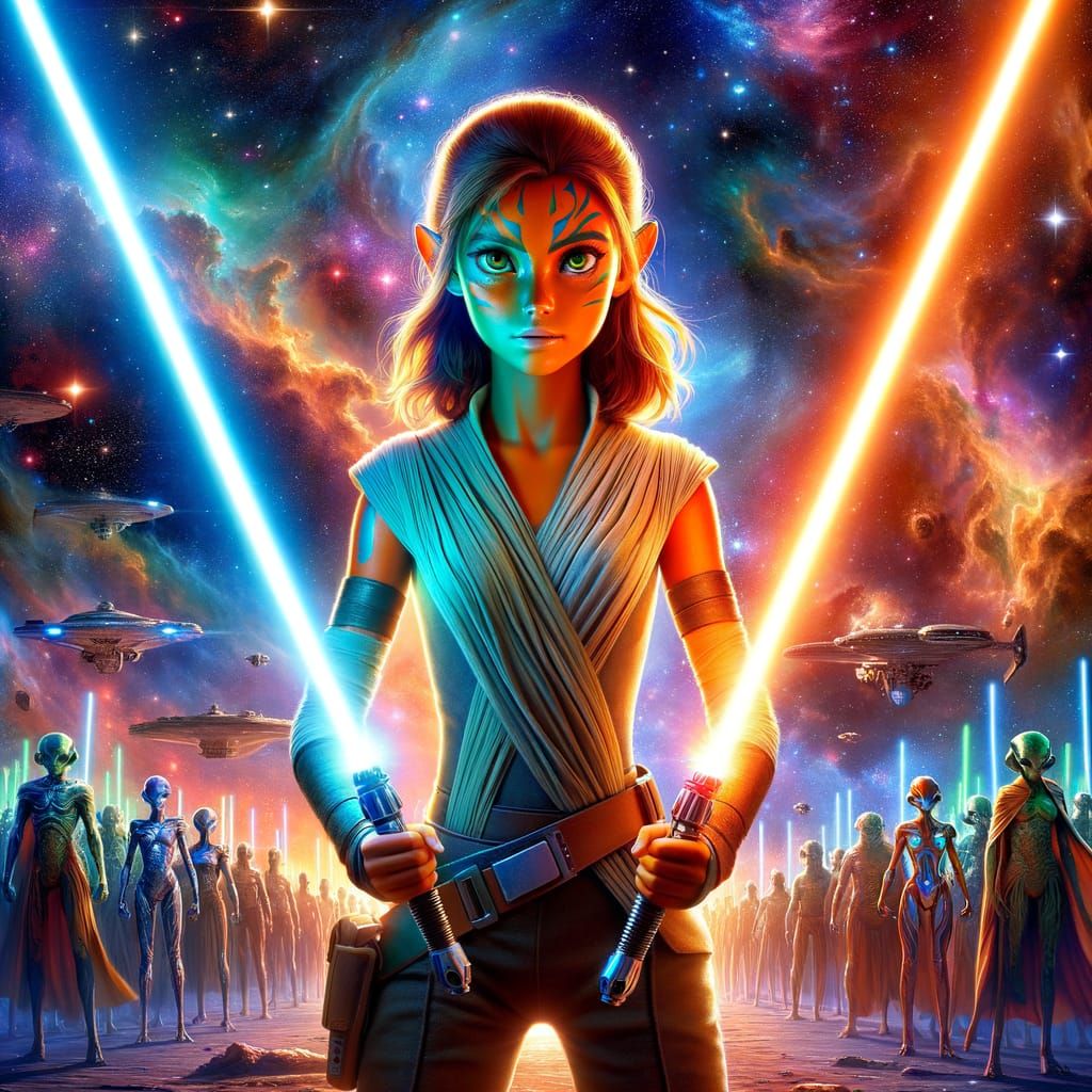 Orange Alien Warrior in Space, Hyperrealistic Movie Poster