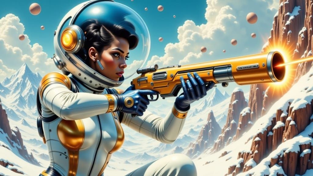 Futuristic Woman Warrior Aims Firearm in Retro Sci-Fi Style