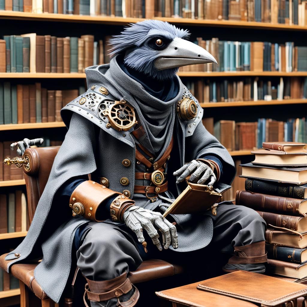 Steampunk Kenku Druid in Library