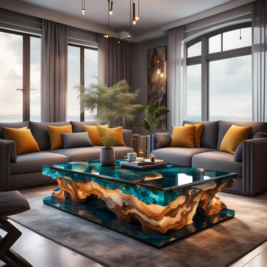 Modern Living Room with Epoxy Resin Coffee Table