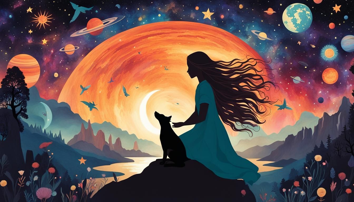 Mystical Girl with Mythical Creatures in Galaxy