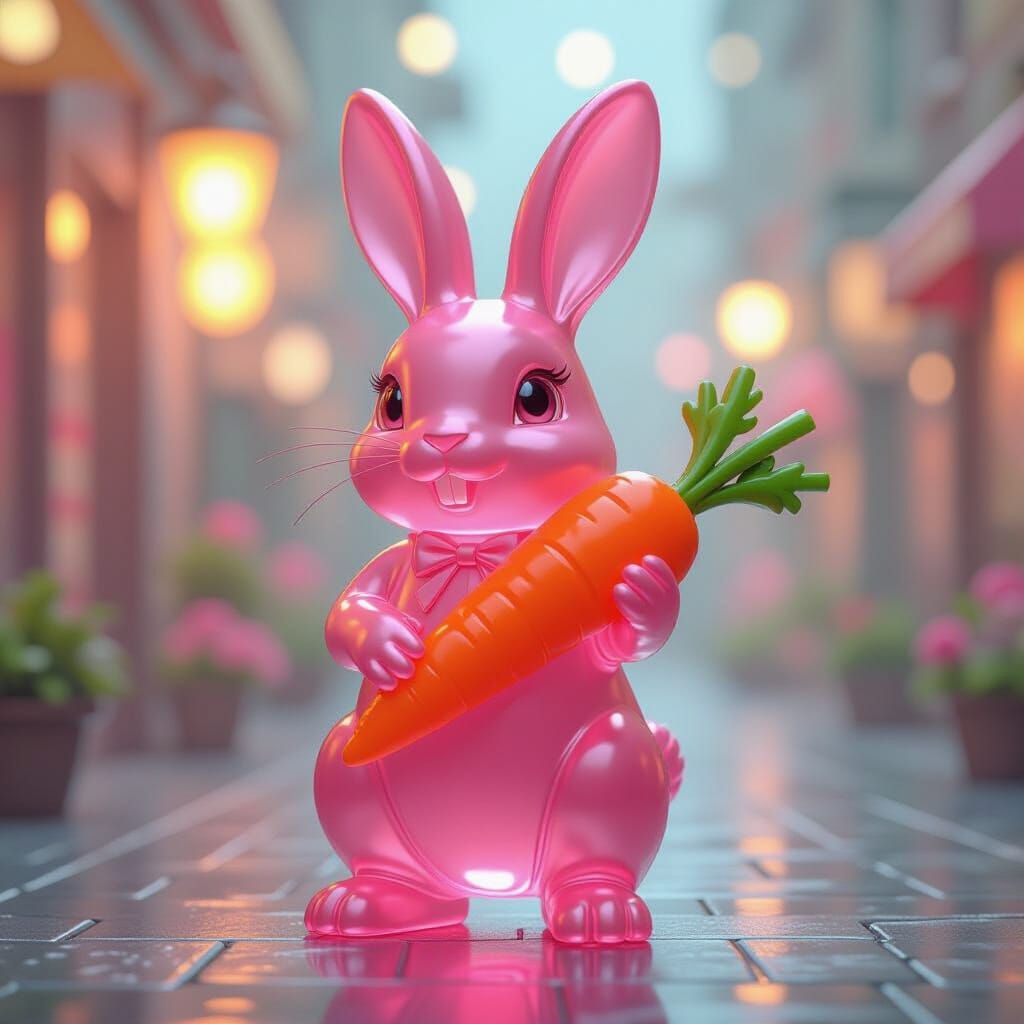 Transparent Pink Jelly Candy Rabbit Holding Carrot