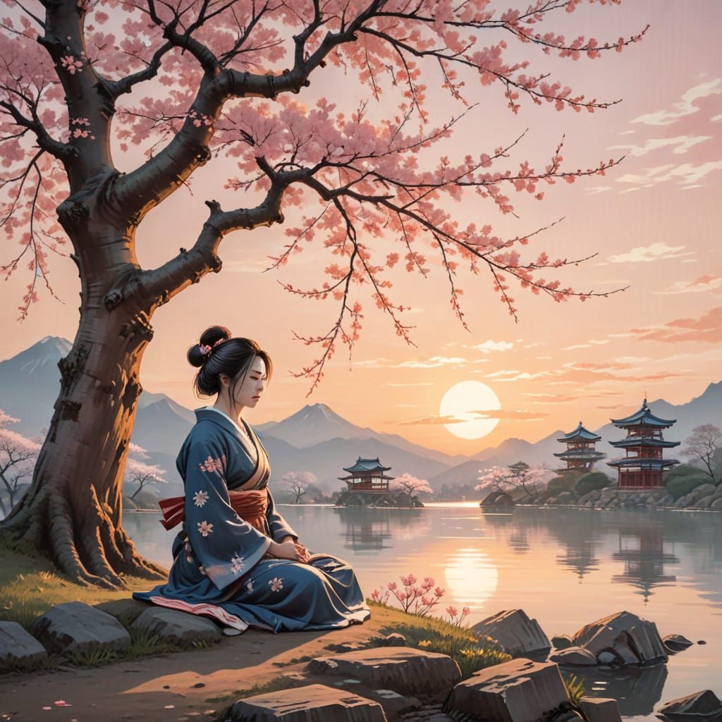 Samurai Woman Meditating Under Cherry Blossoms in Ukiyo-e St...