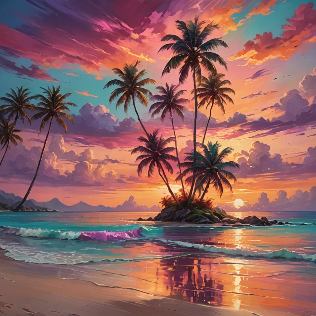 Colorful Tropical Sunset Oil Painting in 8K