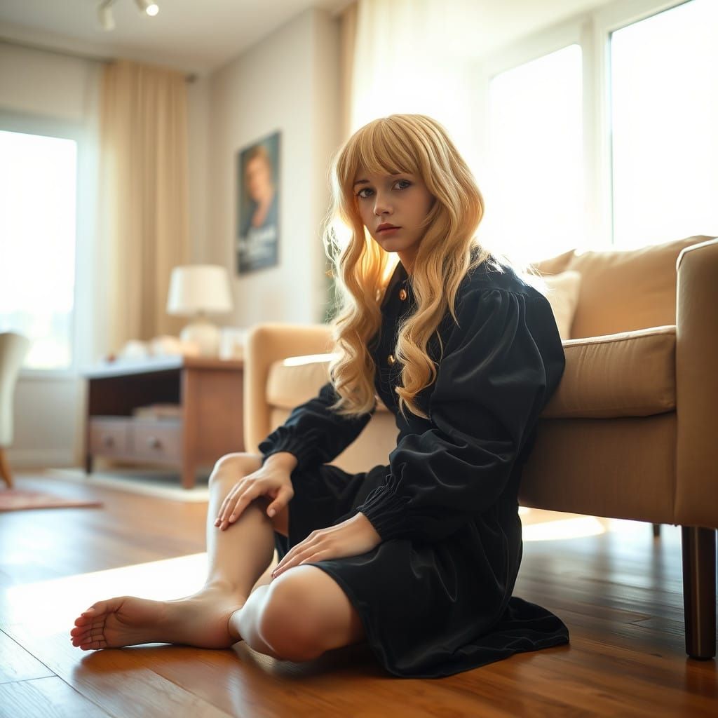 Young Man in Velvet Dress, Blonde Wig and Modern Living Room
