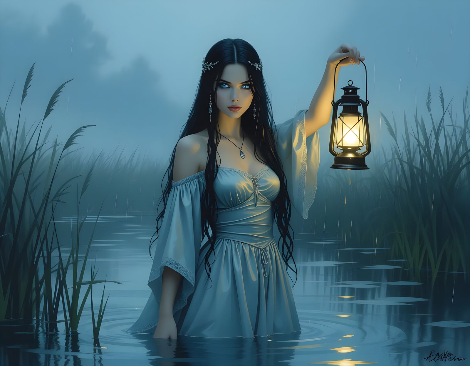 Norse Goddess Vör with Lantern in Misty Fen