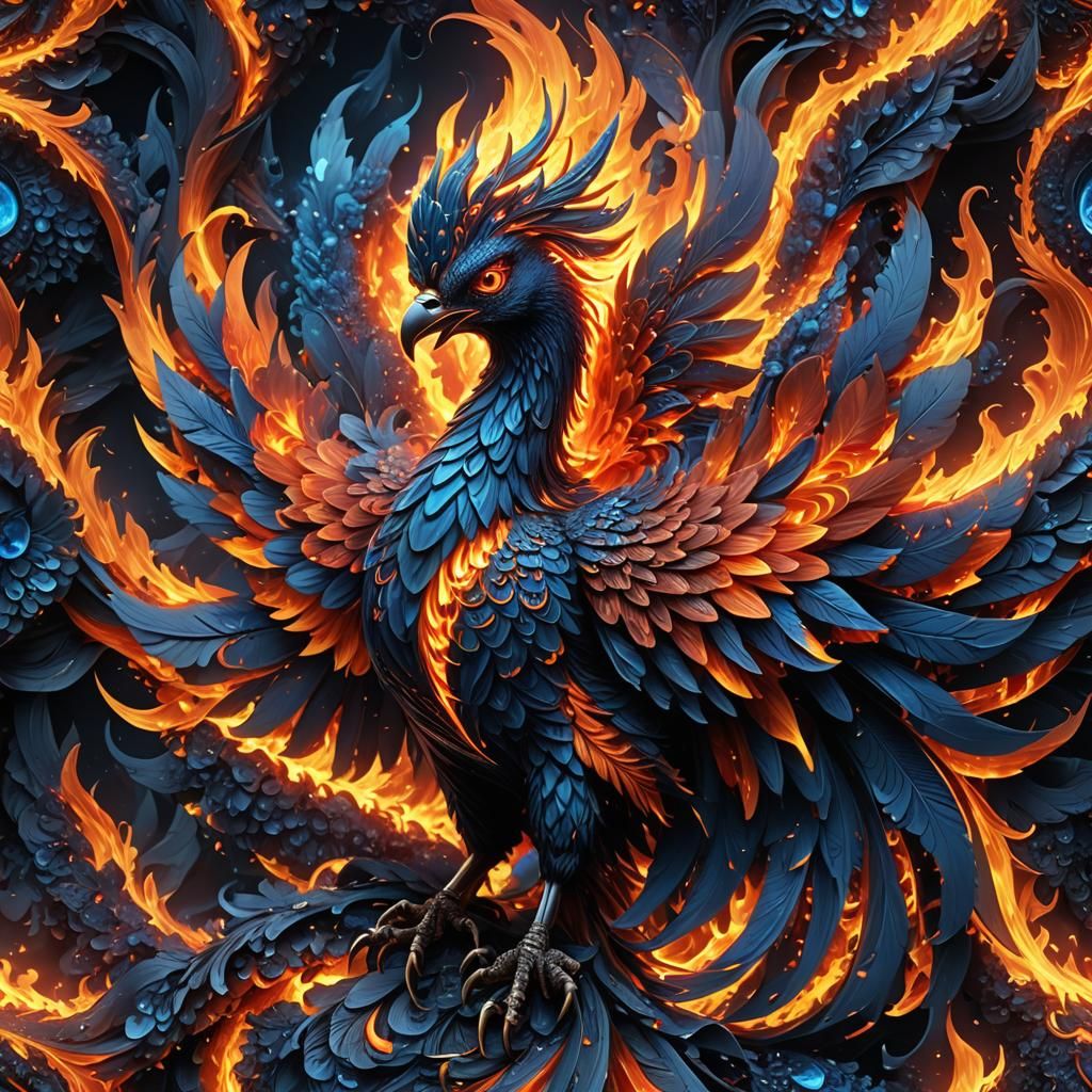 Lava Phoenix Reborn in Blue Flames: Photorealistic 16k