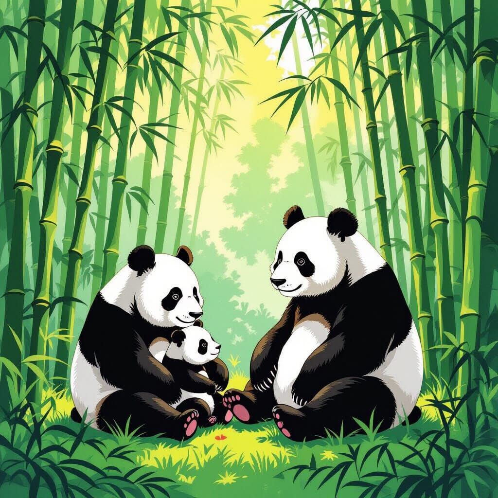 Pandas in Bamboo Forest Ukiyo-e Style