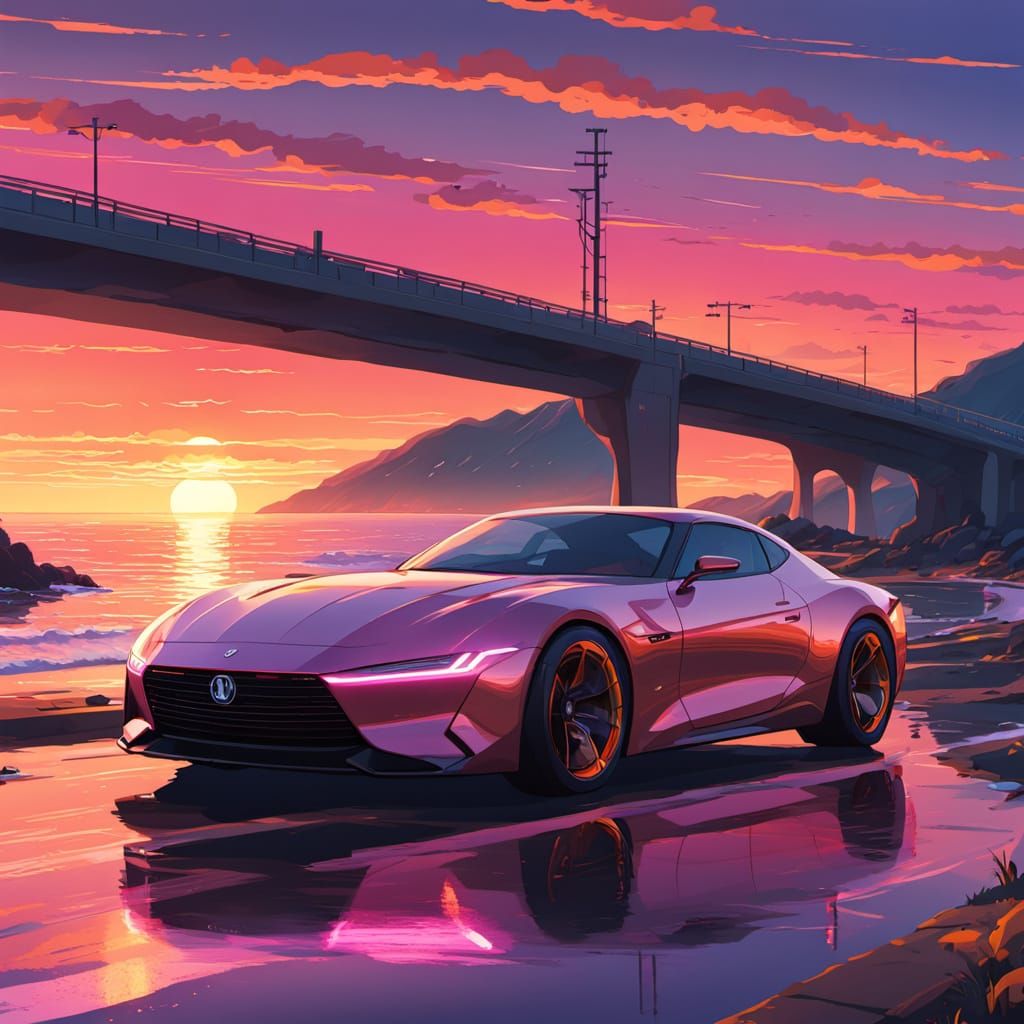 Sleek Car on Coastal Highway in Studio Ghibli Style