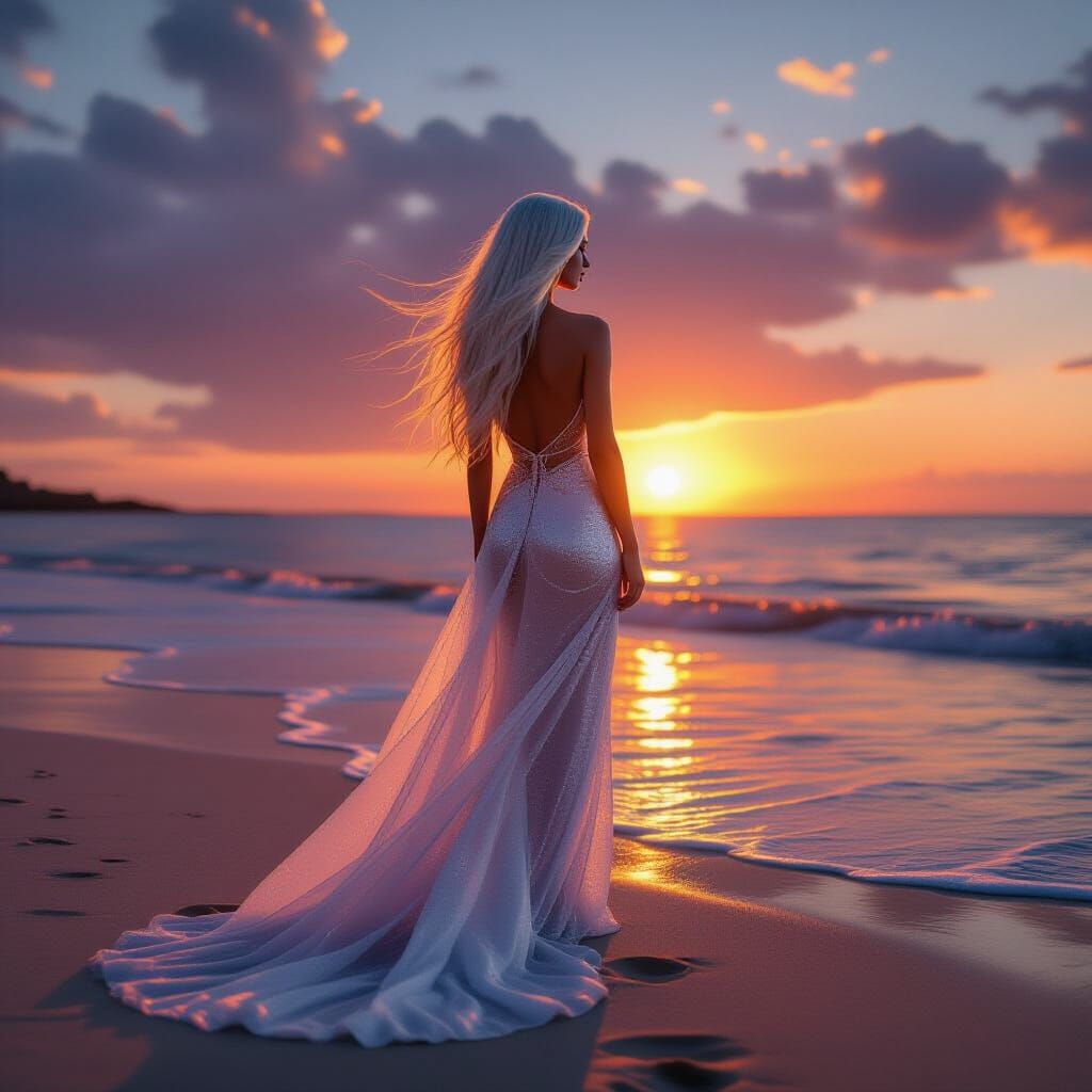 Ethereal Woman Watches Sunset on Beach in Hyperrealistic Sty...