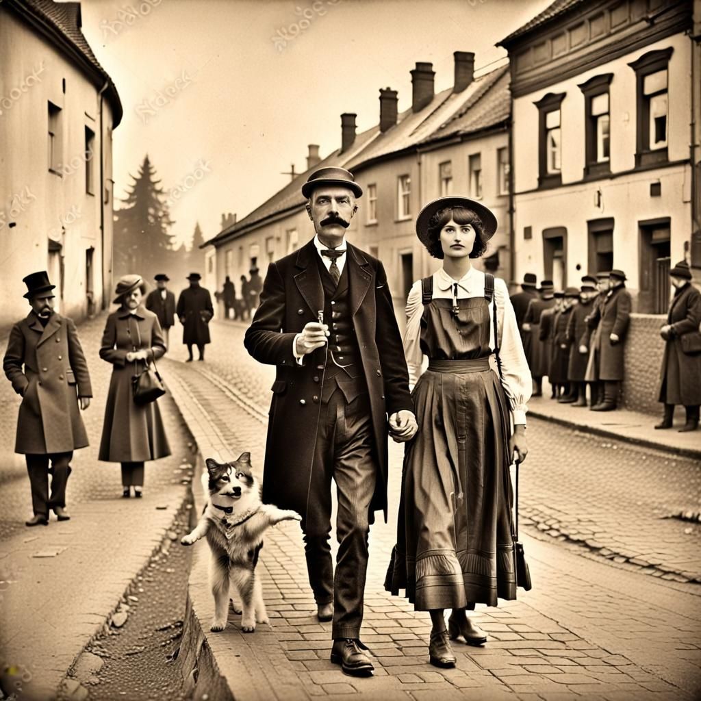 Old Style Photo of Artist Walking with Girl