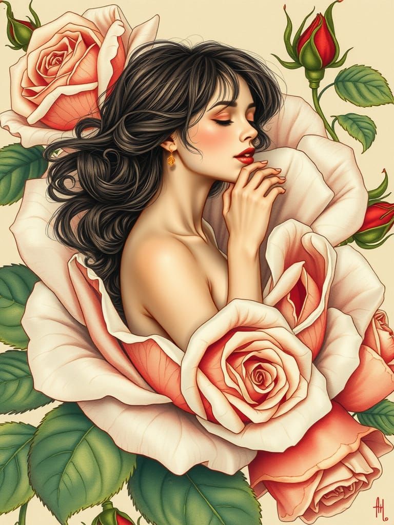 Woman Emerges from Rose: Alphonse Mucha Style