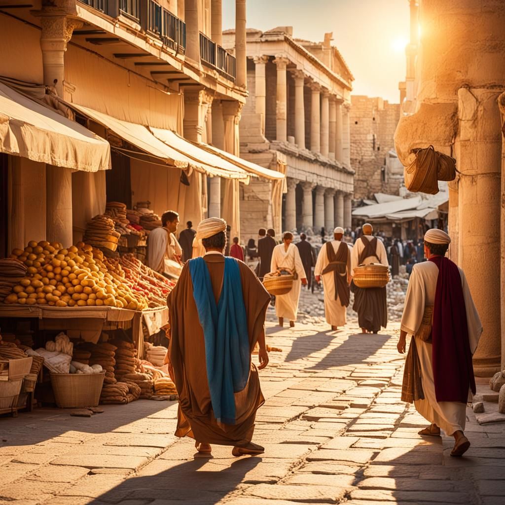 Vibrant Ancient Greek Street Scene in Golden Hour