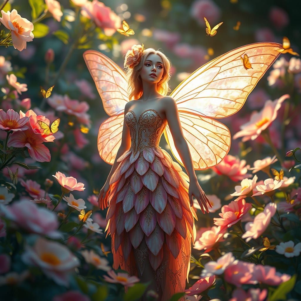 Enchanted Fairy Amidst Vibrant Garden in Ethereal Style