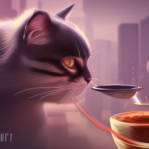 Cat Sipping Boba: Detailed Fantasy Concept Art