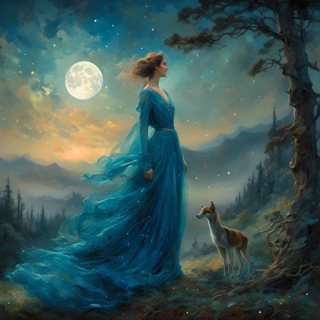 Giant Blue Moon Over Lush Forest at Night