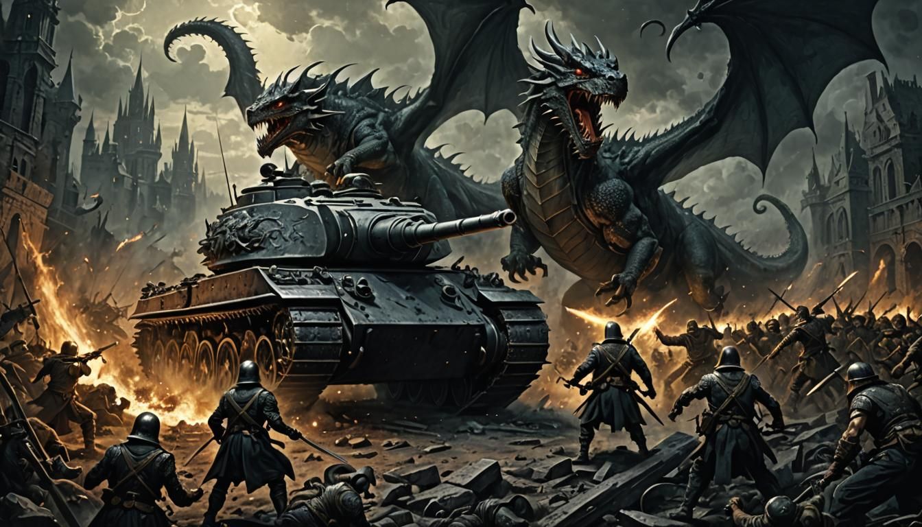 Tank Versus Dragon in Dark Fantasy Style