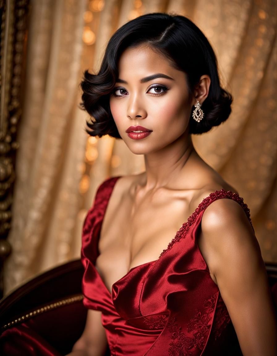 Stunning Indonesian Woman in Red Silk Dress