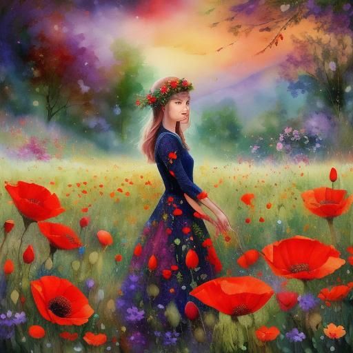 woman wearing a dress made of poppy flowers <lora:Dreamshaper RoyJ:1.0>