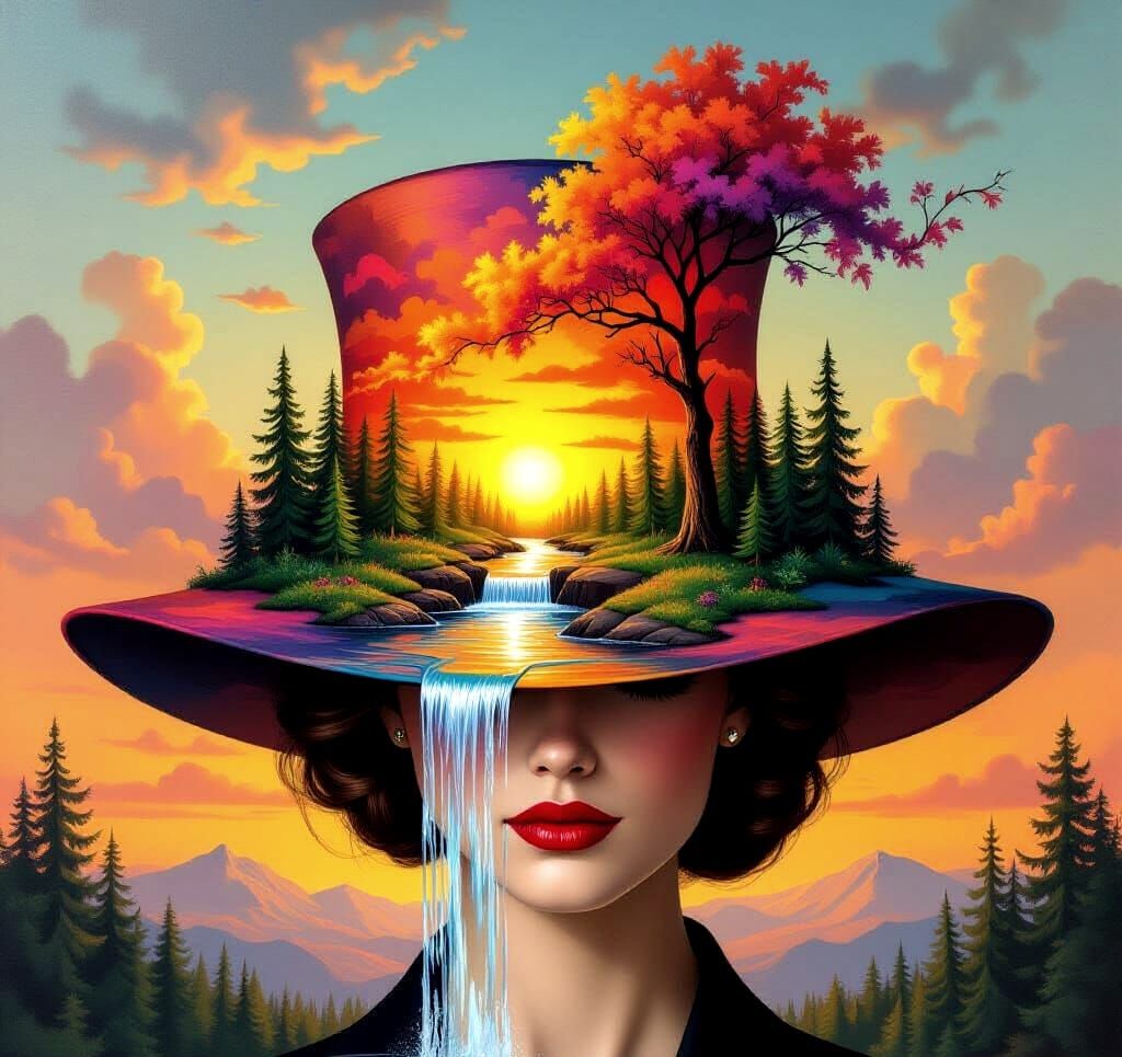 Woman Wearing a Hat Shaped Like a Sunset Forest
