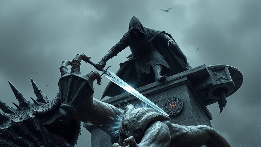 Hooded Warrior Clashes with Monster on Tower