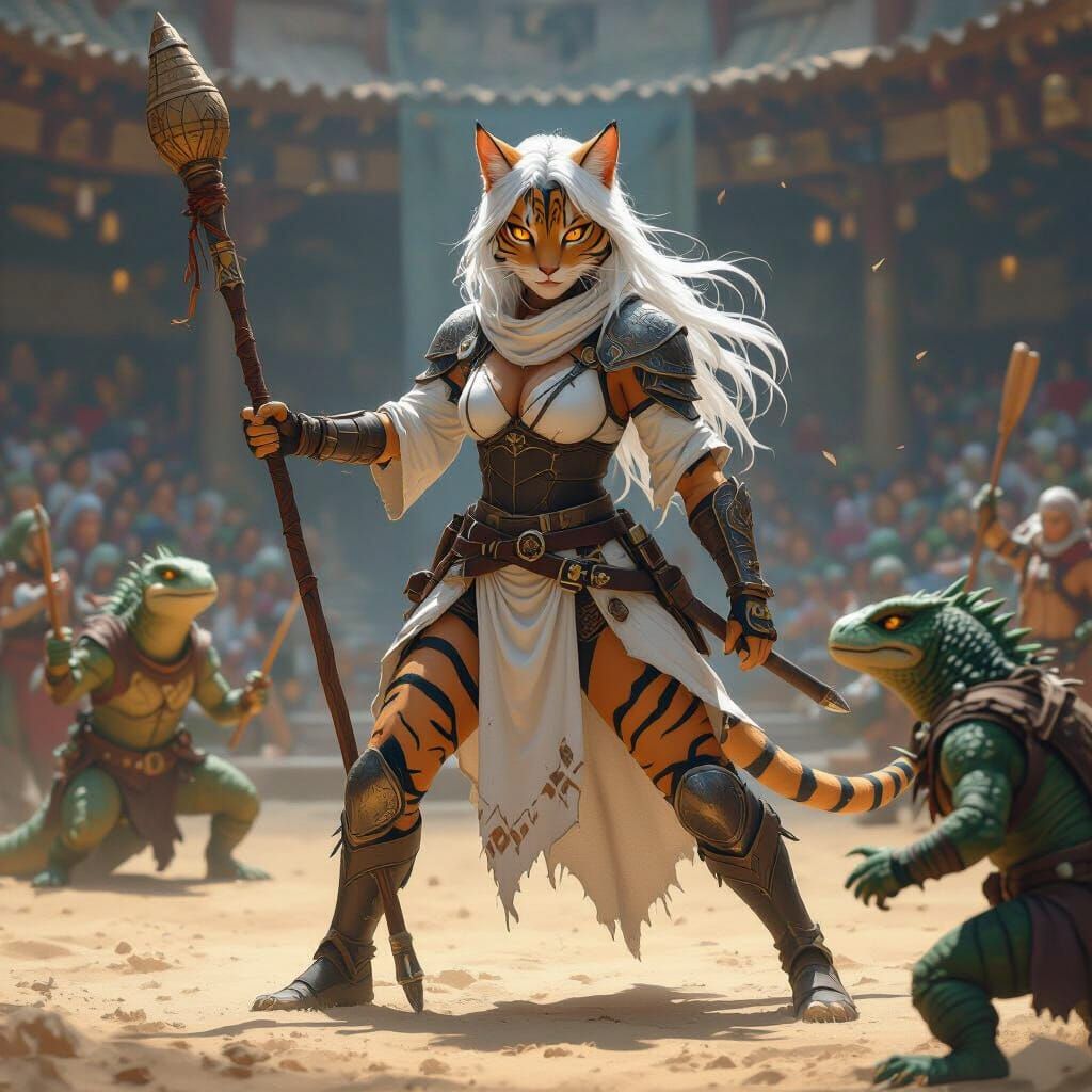 Neko Warrior Battling Lizardman in Arena