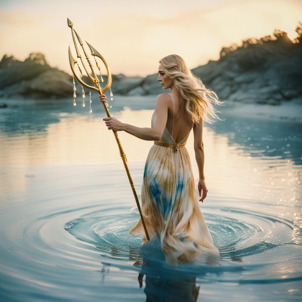 Ethereal Woman Walking on Water with Trident