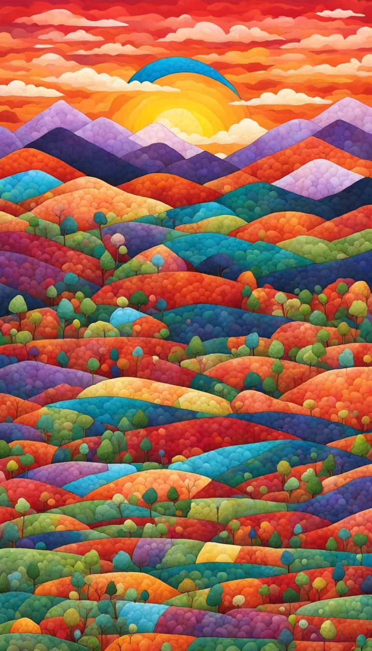 Quilted Sunset Mountains: Patchwork Fields Landscape