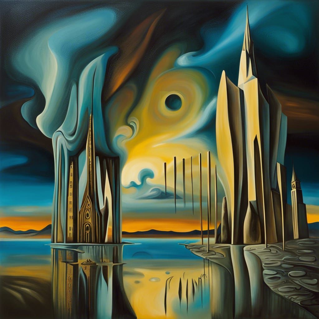 Surreal Sky City at Night in Dali Style