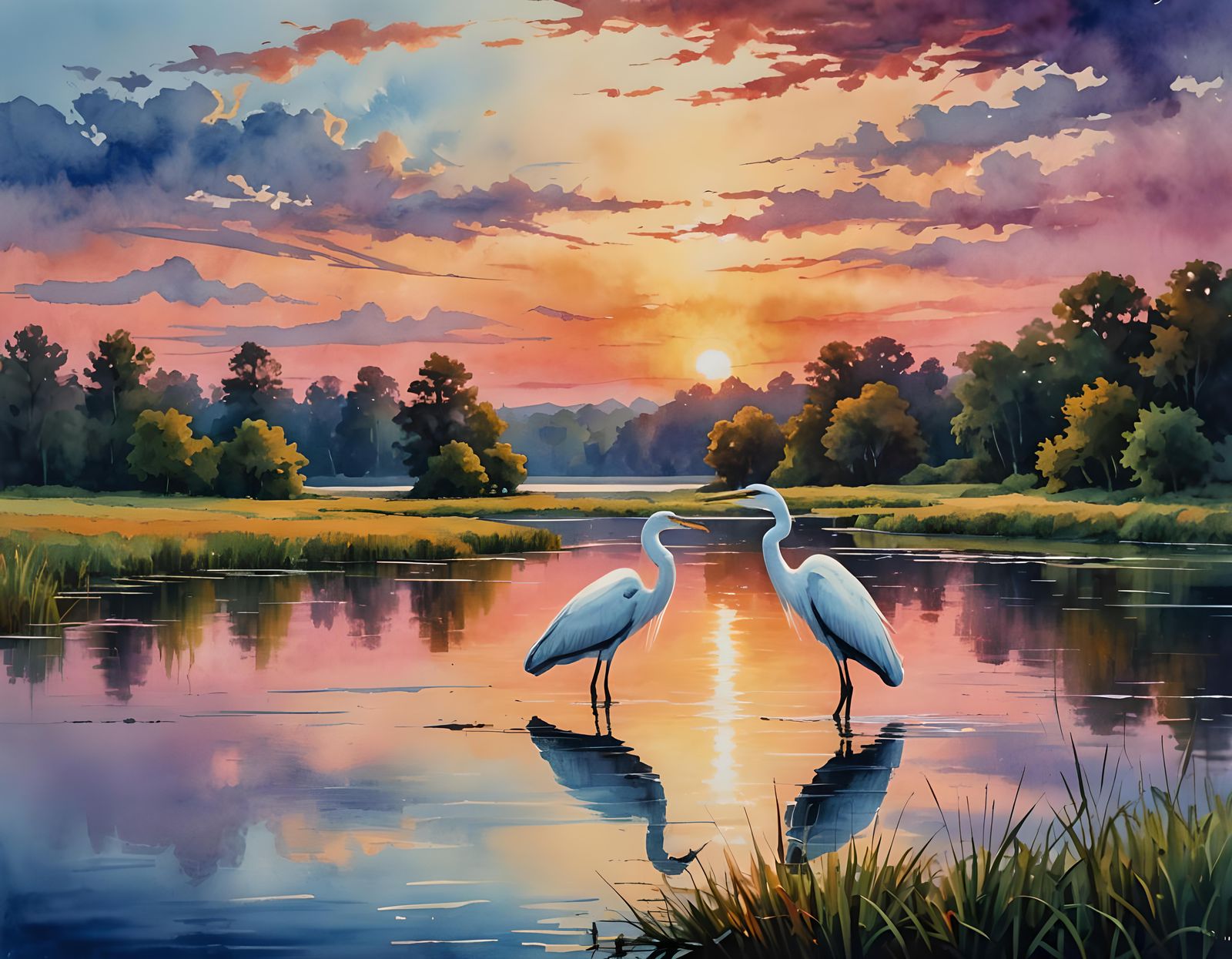 Watercolor Sunset Lake with Heron in Gouache Style