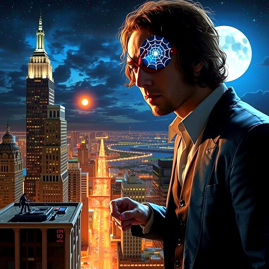 Realistic Cityscape Fantasy with Spiderman-Like Figure