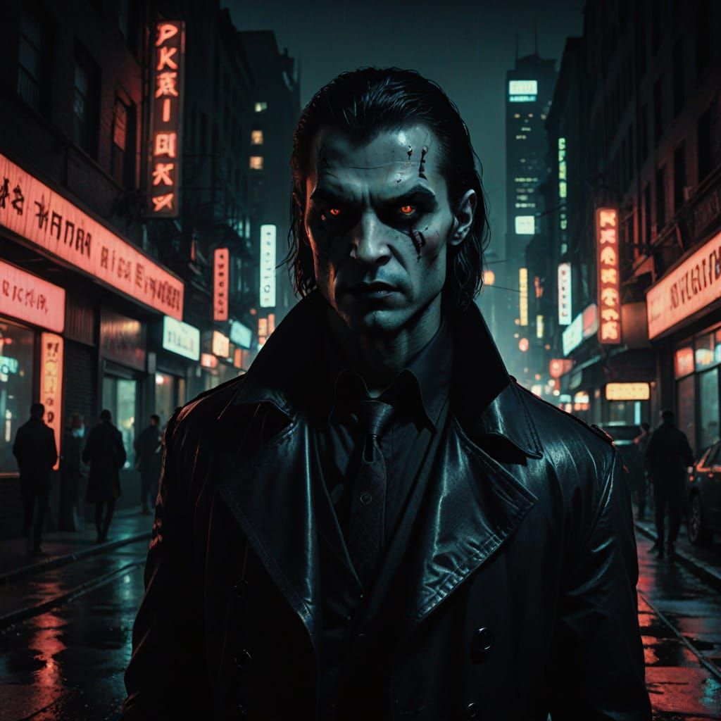 Elegant Vampire Navigates City Nightlife in Moody, Cinematic...