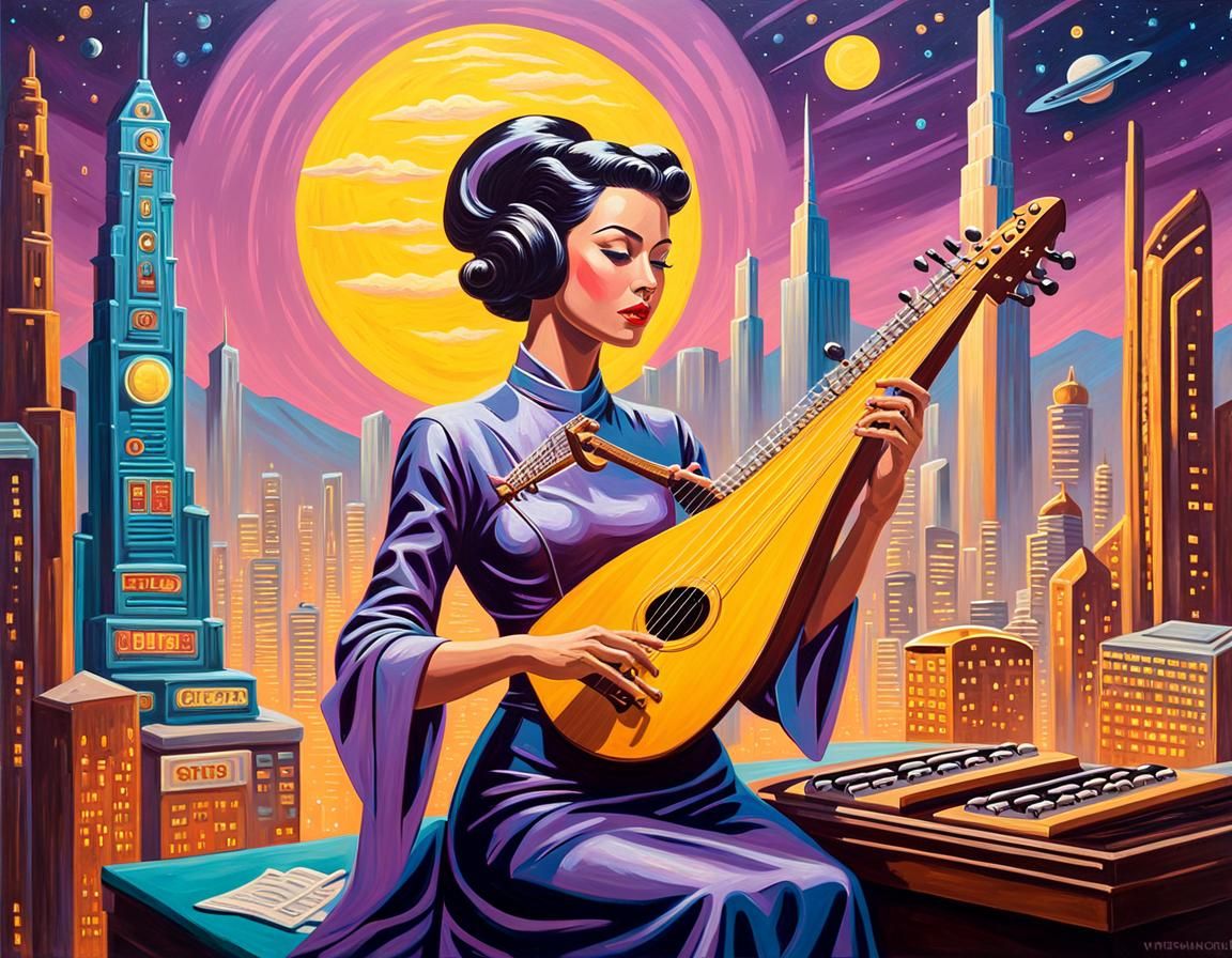Retrofuturistic Spacewoman Plays Zither: Impasto Painting