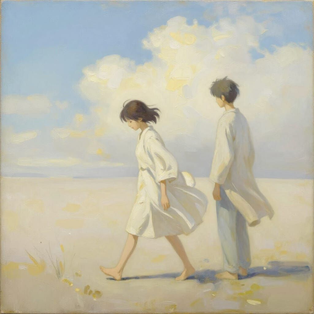 Minimalist Landscape Painting with Subtle Human Figures