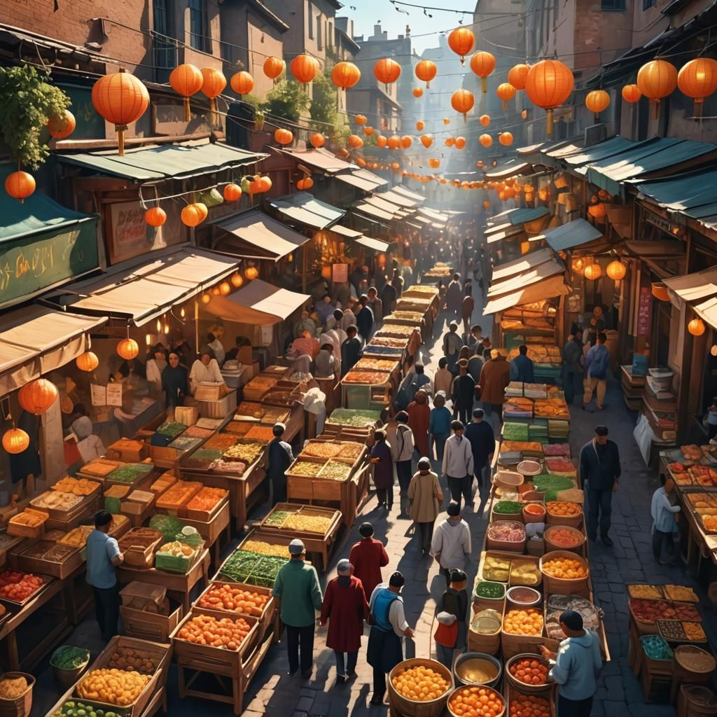 Vibrant Market Scene with Street Food, Watercolor Style