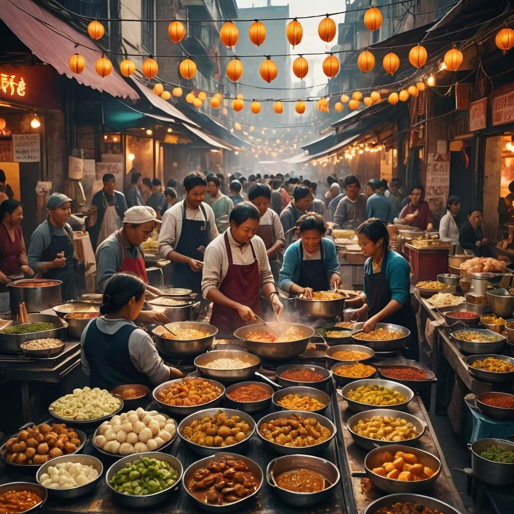 Vibrant Street Food Market in Digital Painting Style