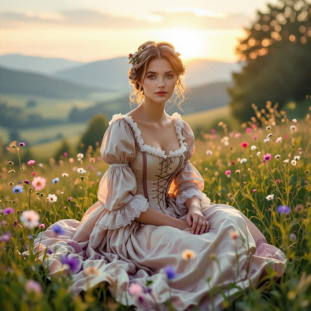 Young Redhead in Biedermeier Dress in Sunrise Landscape
