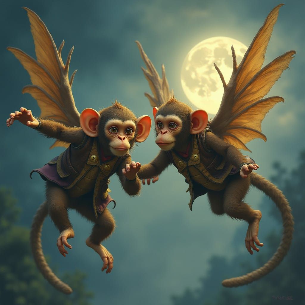 Mischievous Flying Monkeys Soar Through a Dreamlike Moonlit....