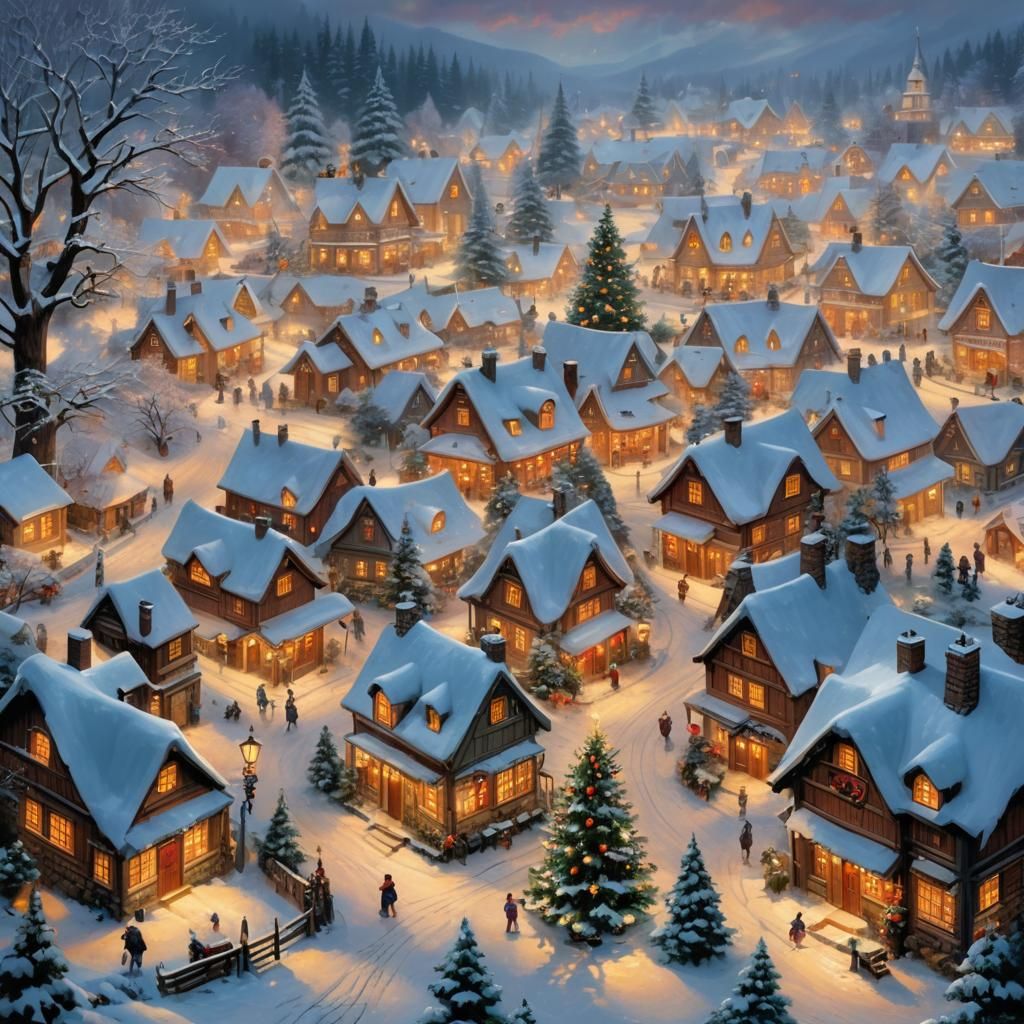 Snowy Village Christmas Tree in Magical Realism
