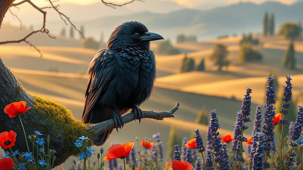 Raven in Dreamlike Landscape as Hyper-Realistic Art