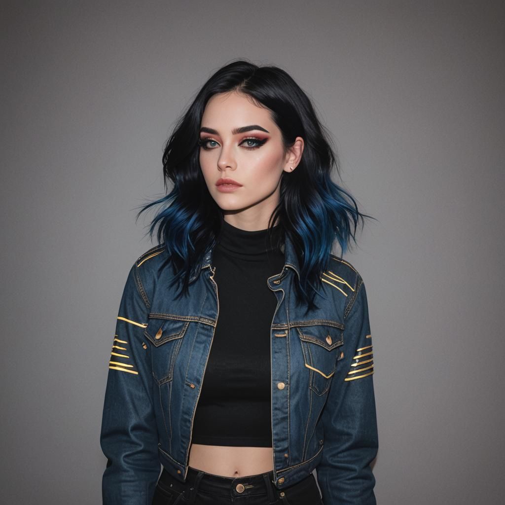 Synthwave Woman with Raven and Blue Hair