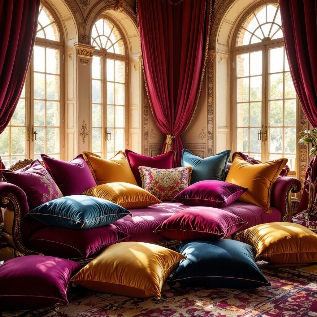Opulent Royal Bedroom with Jewel-Toned Harem Pillows