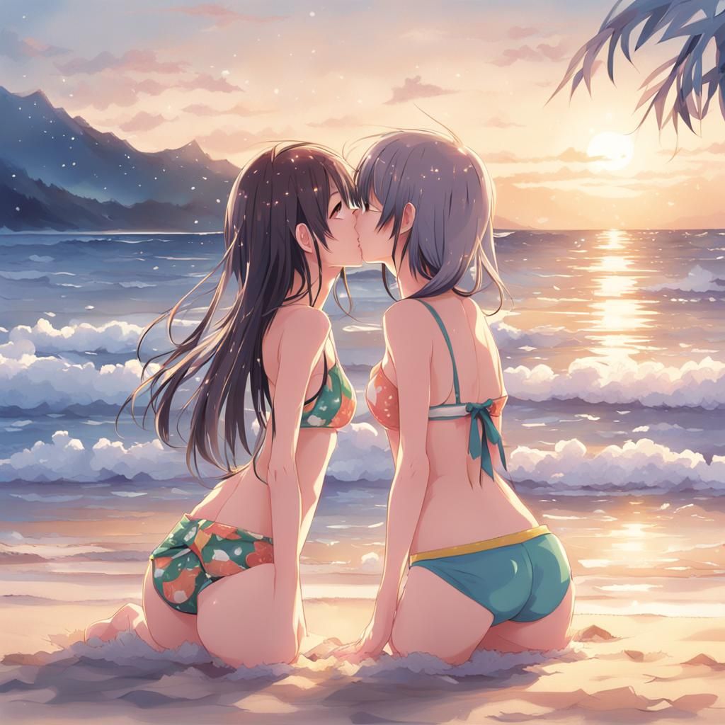Anime Girls Kissing on Beach in Manga Style