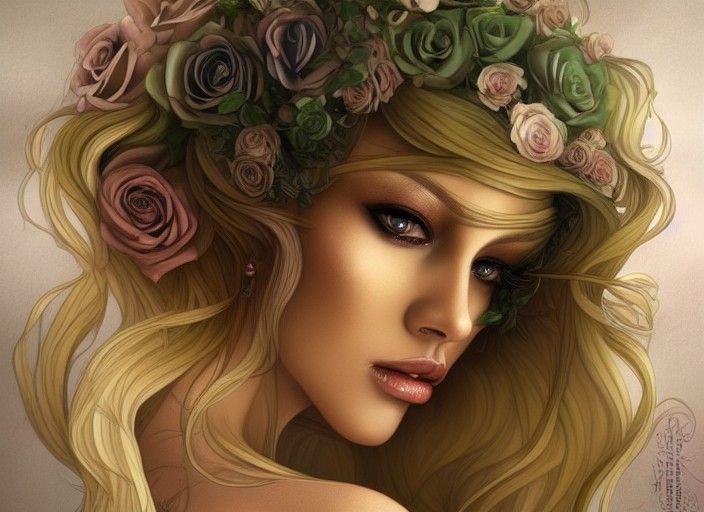 Tanned Goddess with Roses in Digital Art Style